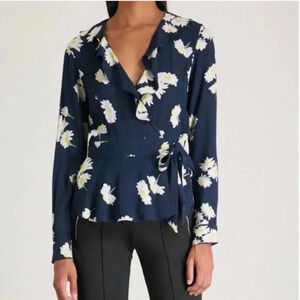 Ganni Blouse Wrap Top Long Sleeve Shirt V-Neck Floral Daisy Navy Blue Size US XS